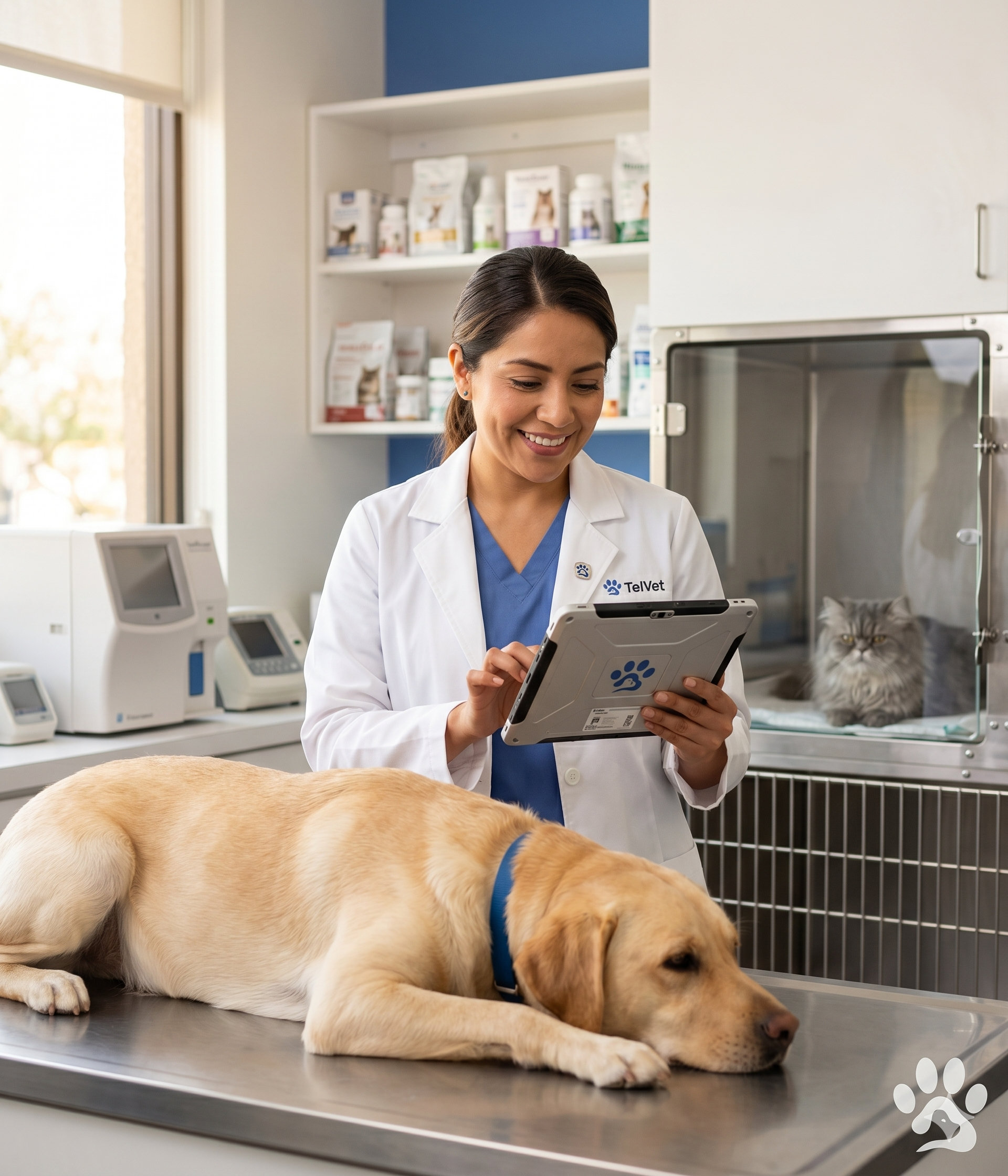 Médico veterinario revisando tablet con perro Shih Tzu en clínica veterinaria moderna